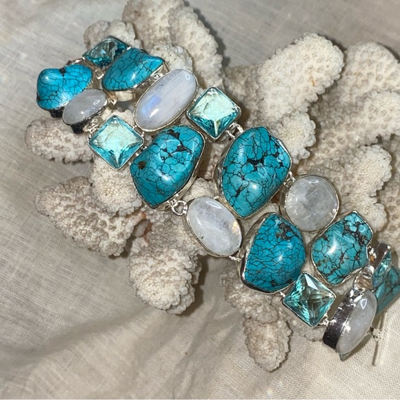 Gorgeous Tibetan Turquoise + Moonstone + Blue Topaz statement cuff bracelet - Picture 3 of 11